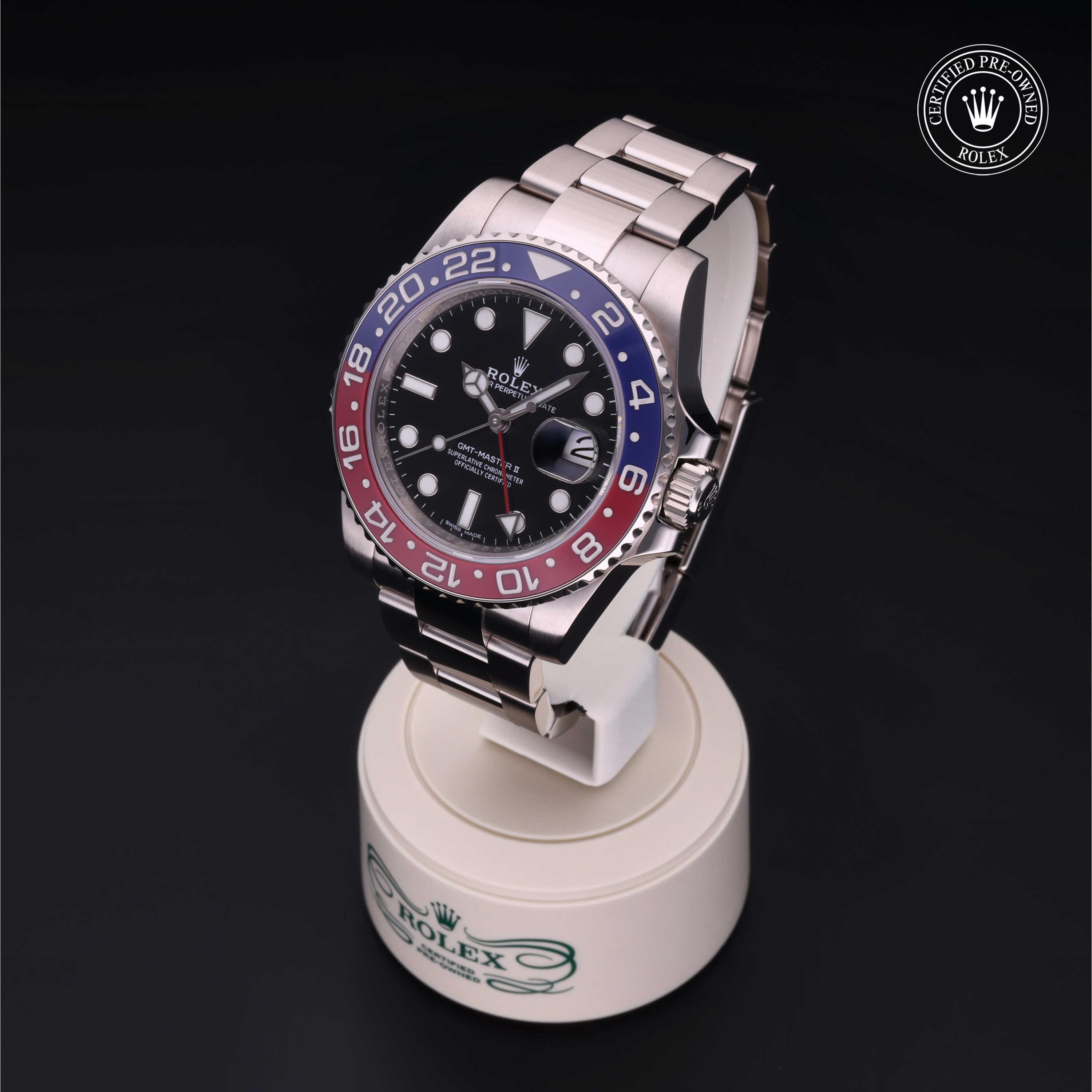 GMT-Master II 勞力士中古錶認證 2017, 40毫米, 18K白色黃金
型號: 116719BLRO